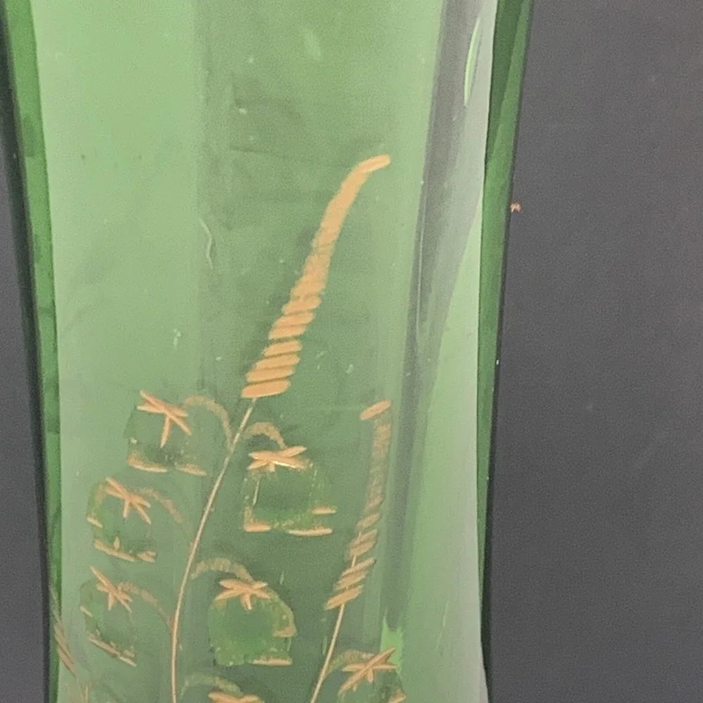 Emerald Green Glass Bud Vase Gold Etched Floral Art Mid Century Decor 8